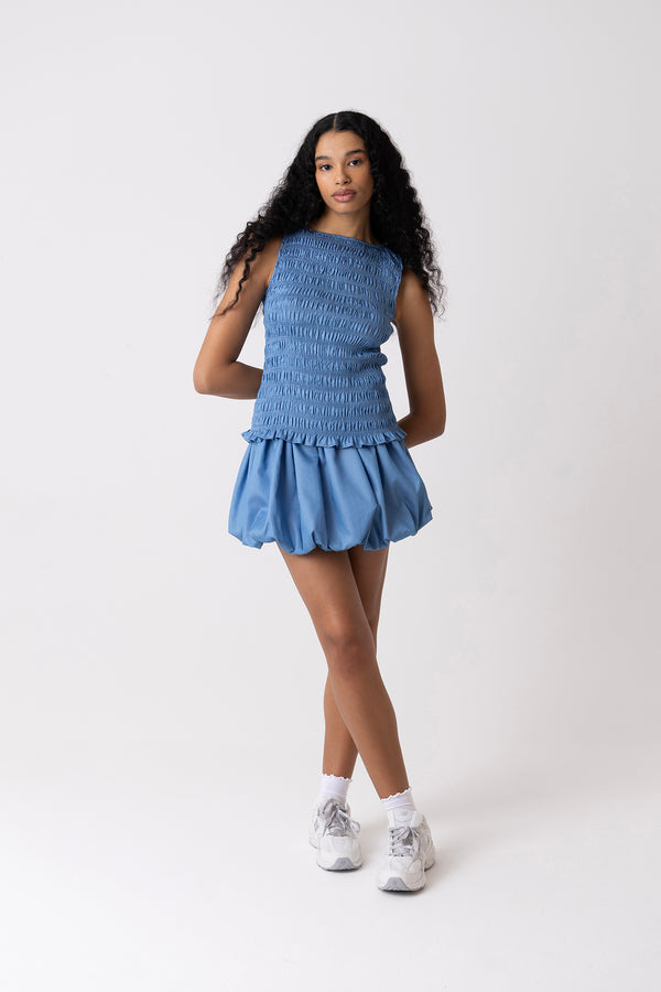 Amy Lynn Sonya Lyocell Shirred Chambray Blue Top
