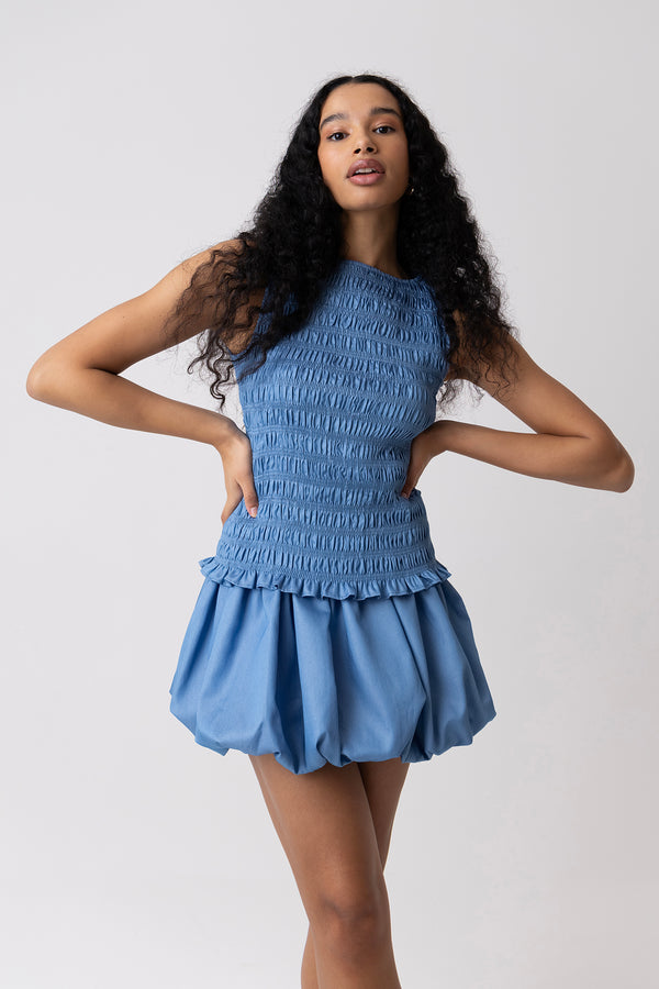Amy Lynn Sonya Lyocell Shirred Chambray Blue Top