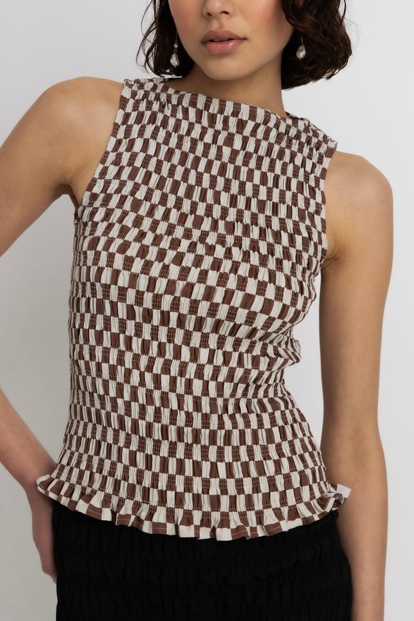 Amy Lynn Sonya Pure Cotton Brown Checkerboard Top