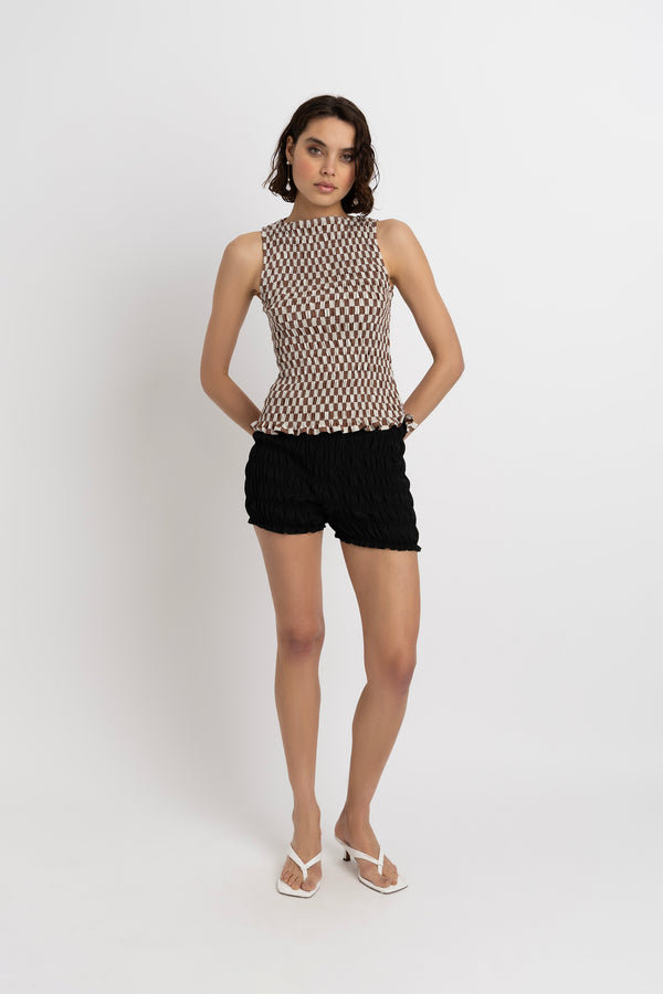 Amy Lynn Sonya Pure Cotton Brown Checkerboard Top