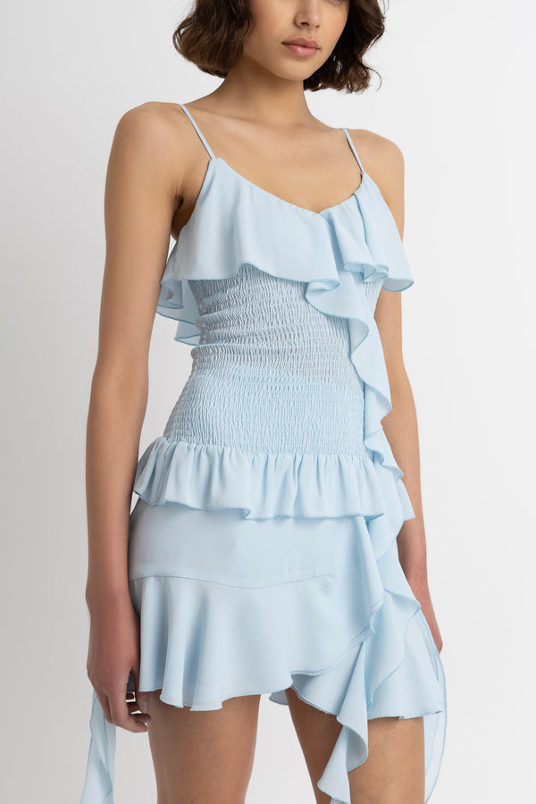 Amy Lynn Stefania Blue Draped Ruffles Top