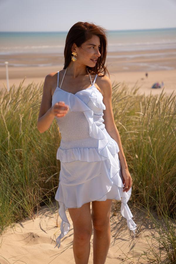 amy lynn Stefania Blue Draped Ruffles Top