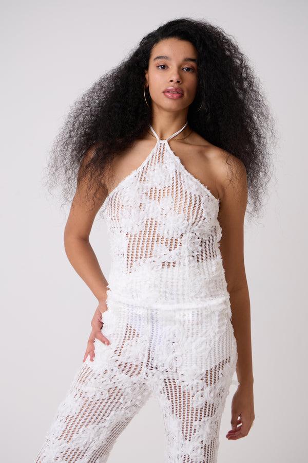 Amy Lynn Cici White Pure Cotton Crochet Floral Lace Top