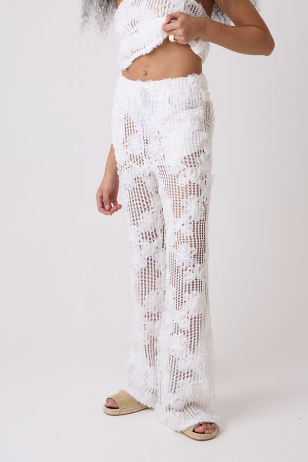 Amy Lynn Cici White Pure Cotton Crochet Floral Lace Wide Leg Trouser