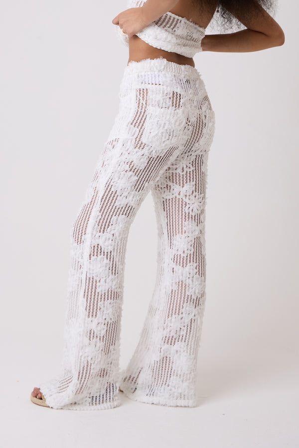 Amy Lynn Cici White Pure Cotton Crochet Floral Lace Wide Leg Trouser