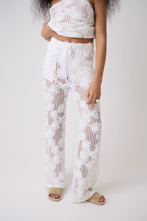amy lynn Cici White Pure Cotton Crochet Floral Lace Wide Leg Trouser