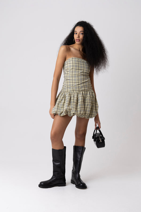 Amy Lynn Dionne Green Check Tartan Puffball Mini Dress