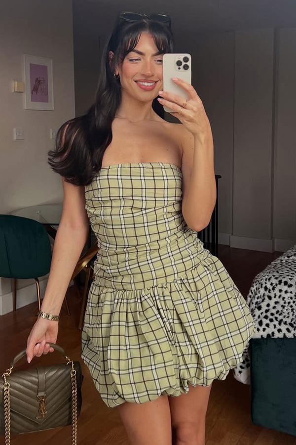 amy lynn Dionne Green Check Tartan Puffball Mini Dress