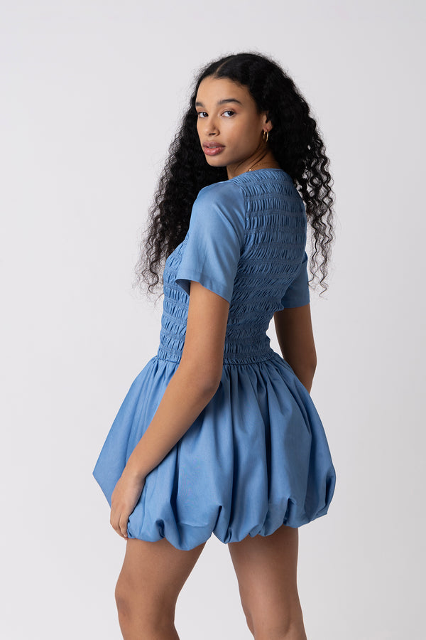 Amy Lynn Eleanor Lyocell Chambray Blue Ultra Mini Puffball Dress