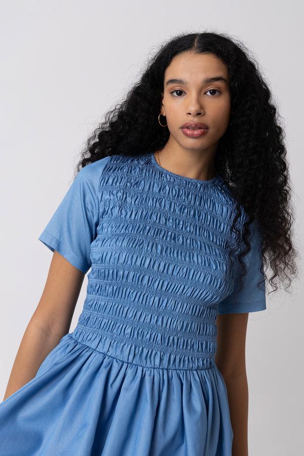 Amy Lynn Eleanor Lyocell Chambray Blue Ultra Mini Puffball Dress