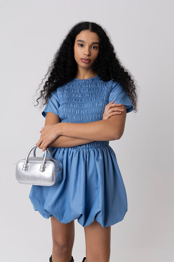 Amy Lynn Eleanor Lyocell Chambray Blue Ultra Mini Puffball Dress