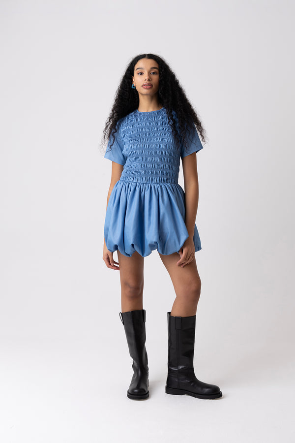 amy lynn Eleanor Lyocell Chambray Blue Ultra Mini Puffball Dress