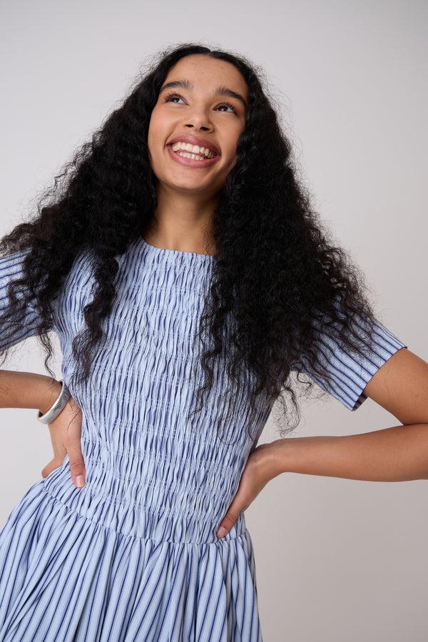 Amy Lynn Eleanor Pure Cotton Blue Stripe Mini Puffball Dress