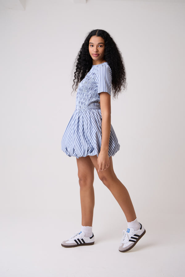 Amy Lynn Eleanor Pure Cotton Blue Stripe Mini Puffball Dress