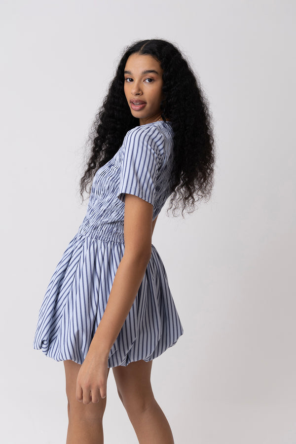 Amy Lynn Eleanor Pure Cotton Blue Stripe Mini Puffball Dress