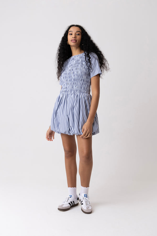amy lynn Eleanor Pure Cotton Blue Stripe Mini Puffball Dress