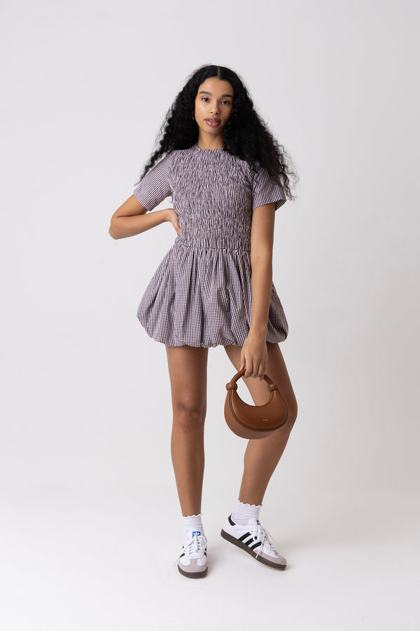 amy lynn Eleanor Pure Cotton Brown Gingham Mini Puffball Dress
