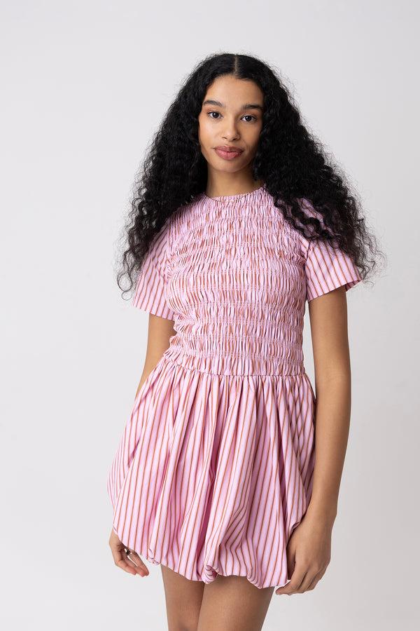 amy lynn Eleanor Pure Cotton Pink Stripe Mini Puffball Dress