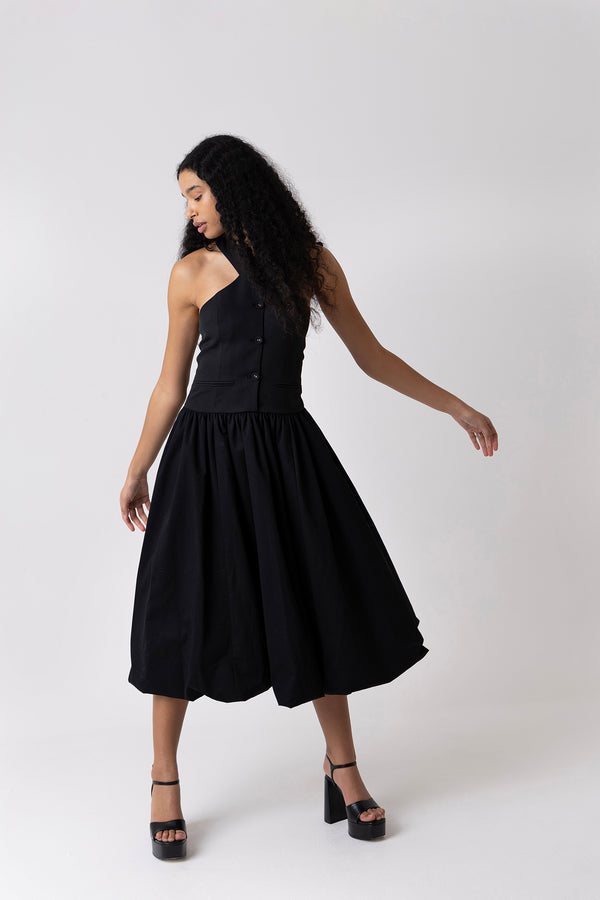 Amy Lynn Garcelle Rich Cotton Black Halterneck Midi Dress