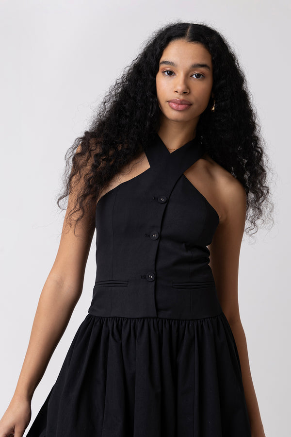 Amy Lynn Garcelle Rich Cotton Black Halterneck Midi Dress