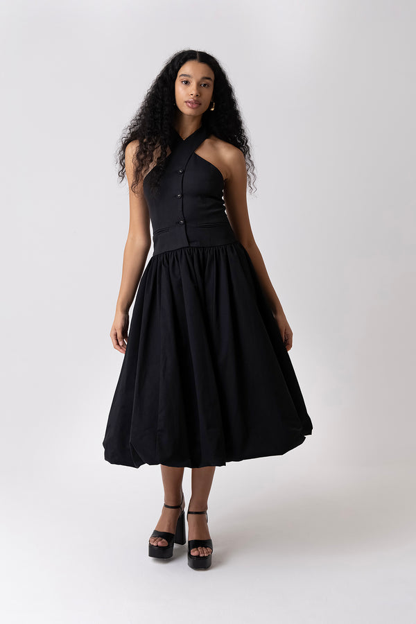 amy lynn Garcelle Rich Cotton Black Halterneck Midi Dress