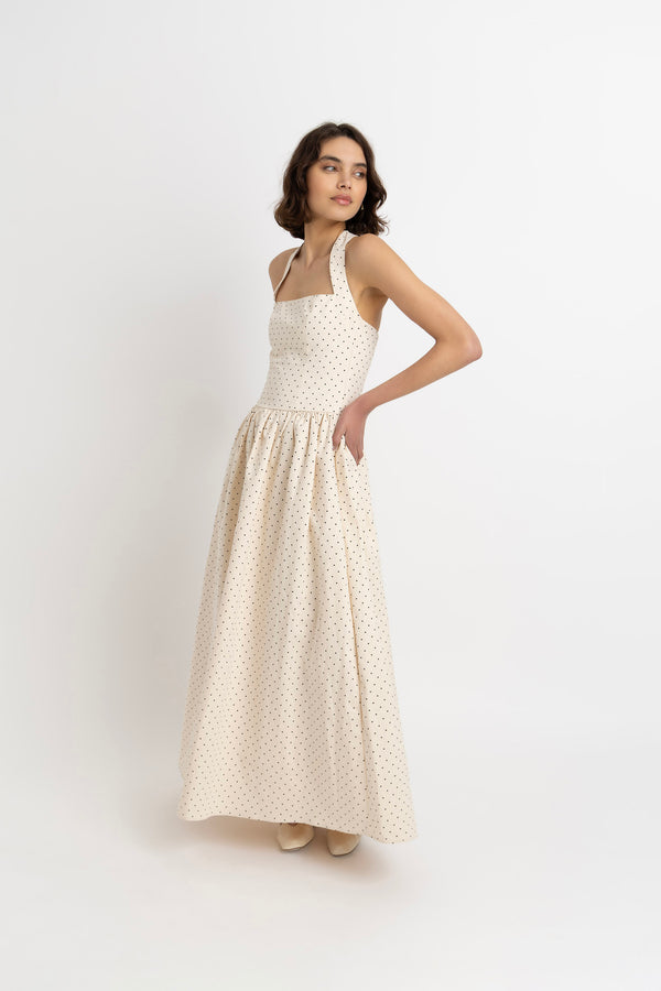 Amy Lynn Judie Pure Cotton Beige Polka Print Maxi Dress
