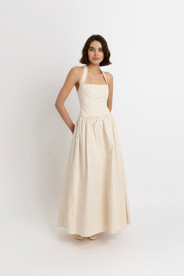 amy lynn Judie Pure Cotton Beige Polka Print Maxi Dress