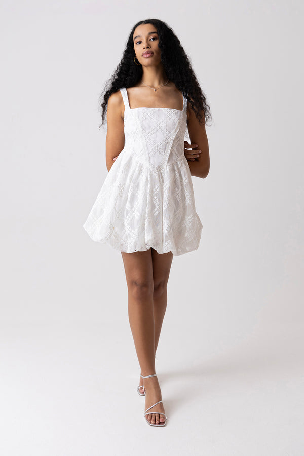 Amy Lynn Lisa White Lace Embellished Mini Puffball Dress