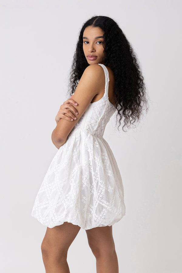 Amy Lynn Lisa White Lace Embellished Mini Puffball Dress