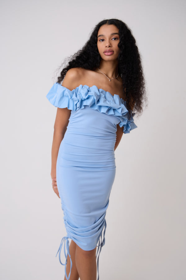 Amy Lynn Munroe Rich Cotton Blue Bardot Floral Dress