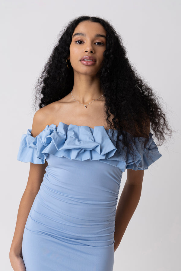 Amy Lynn Munroe Rich Cotton Blue Bardot Floral Dress