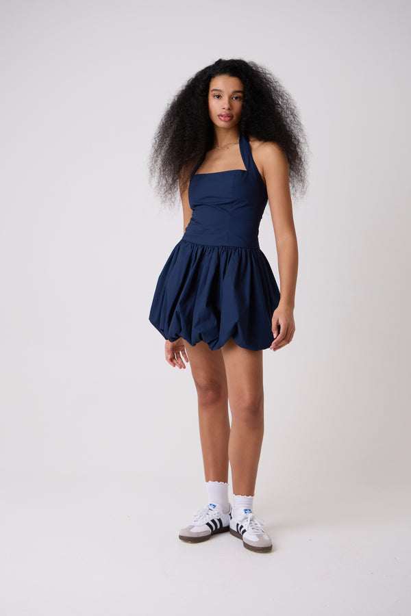 Amy Lynn Navy Pure Cotton Halterneck Mini Puffball Dress
