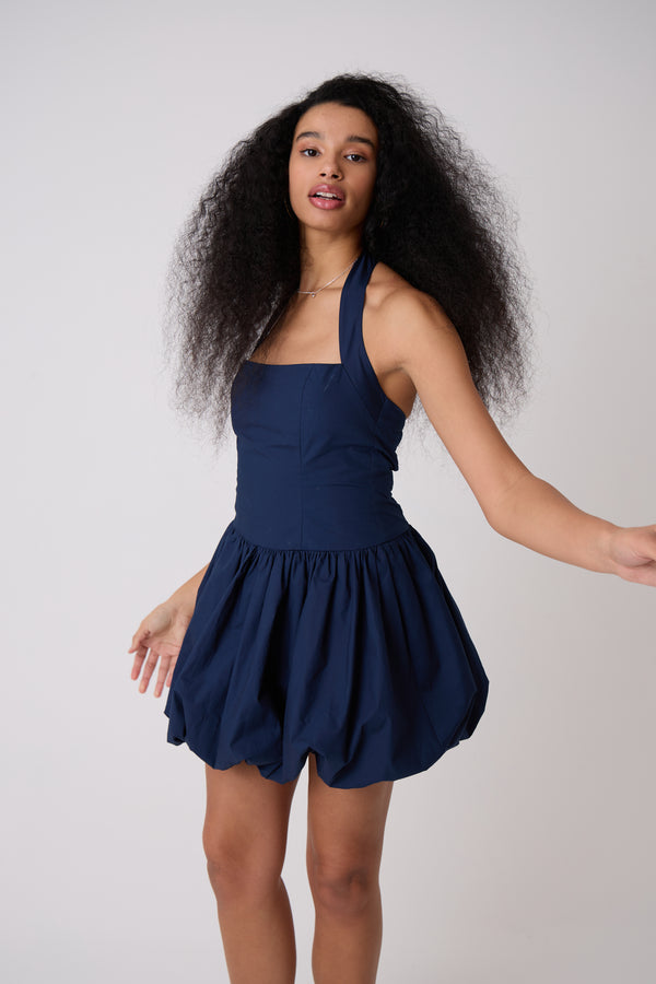 Amy Lynn Navy Pure Cotton Halterneck Mini Puffball Dress