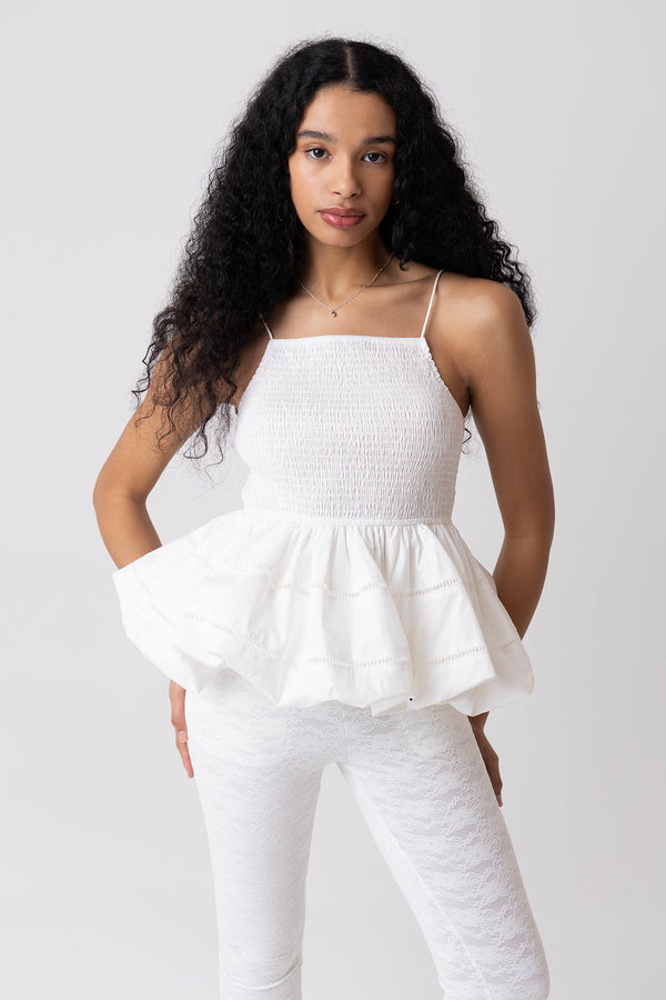 amy lynn Penny Pure Cotton White Shirred Peplum Top