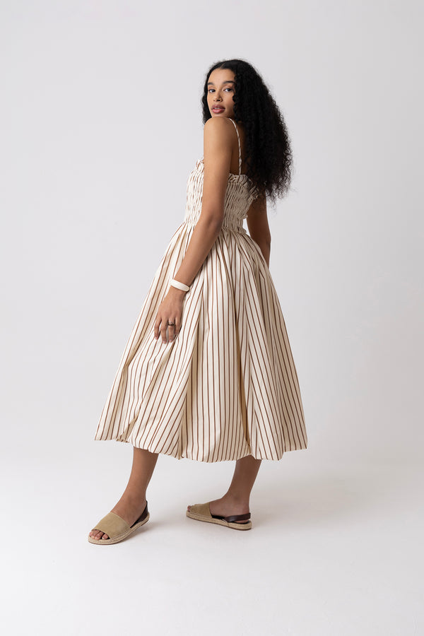 Amy Lynn Polly Pure Cotton Beige Stripe Puffball Dress