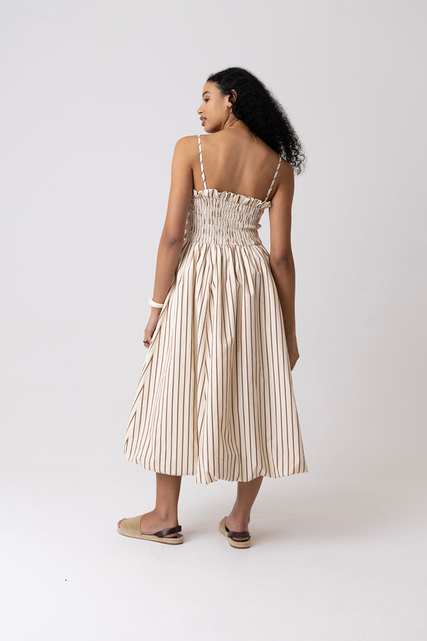 Amy Lynn Polly Pure Cotton Beige Stripe Puffball Dress