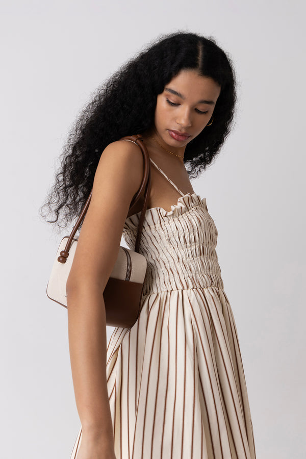 Amy Lynn Polly Pure Cotton Beige Stripe Puffball Dress
