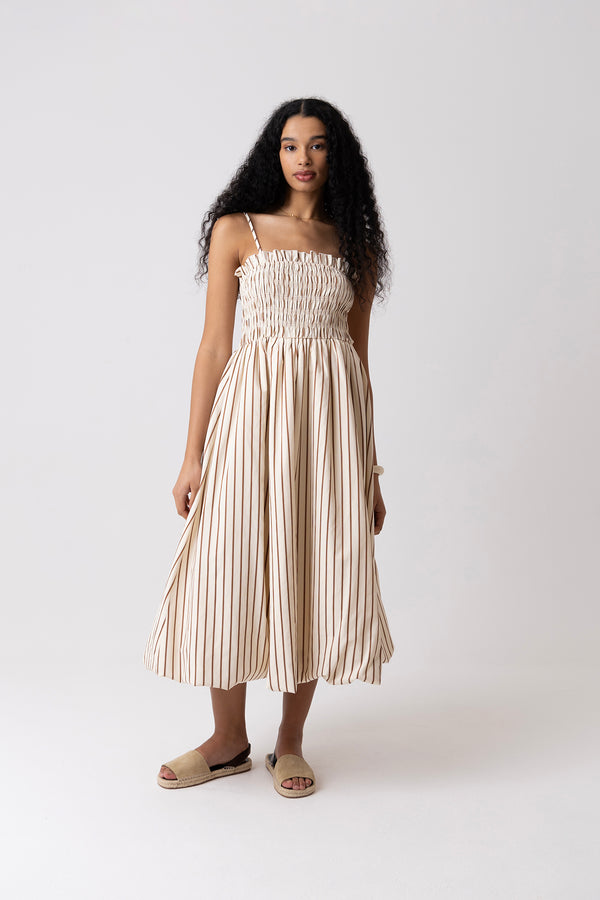 amy lynn Polly Pure Cotton Beige Stripe Puffball Dress