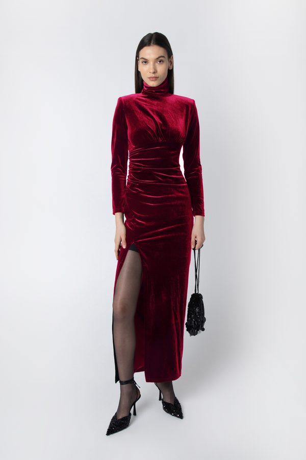 Amy Lynn Sharron Burgundy Velvet High-neck Midi Dress