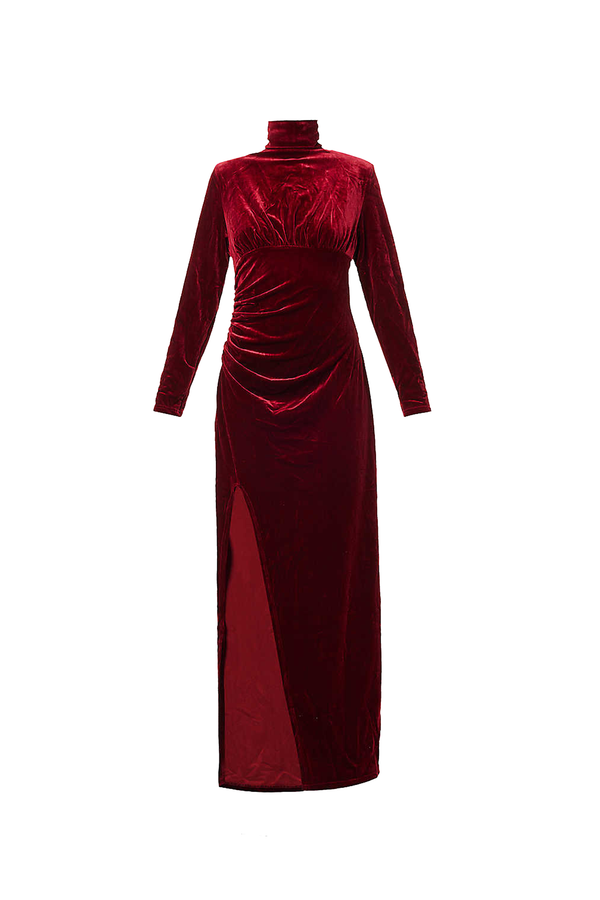 amy lynn Sharron Burgundy Velvet High-neck Midi Dress