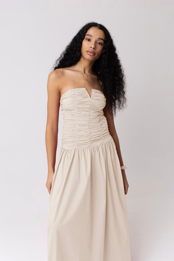 Amy Lynn Shyla Pure Cotton Milk Ruched Column Bardot Maxi Dress