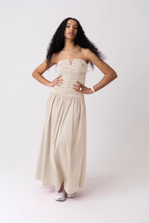 Amy Lynn Shyla Pure Cotton Milk Ruched Column Bardot Maxi Dress
