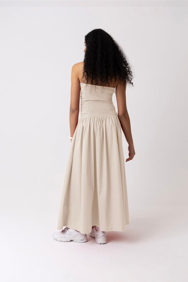 Amy Lynn Shyla Pure Cotton Milk Ruched Column Bardot Maxi Dress