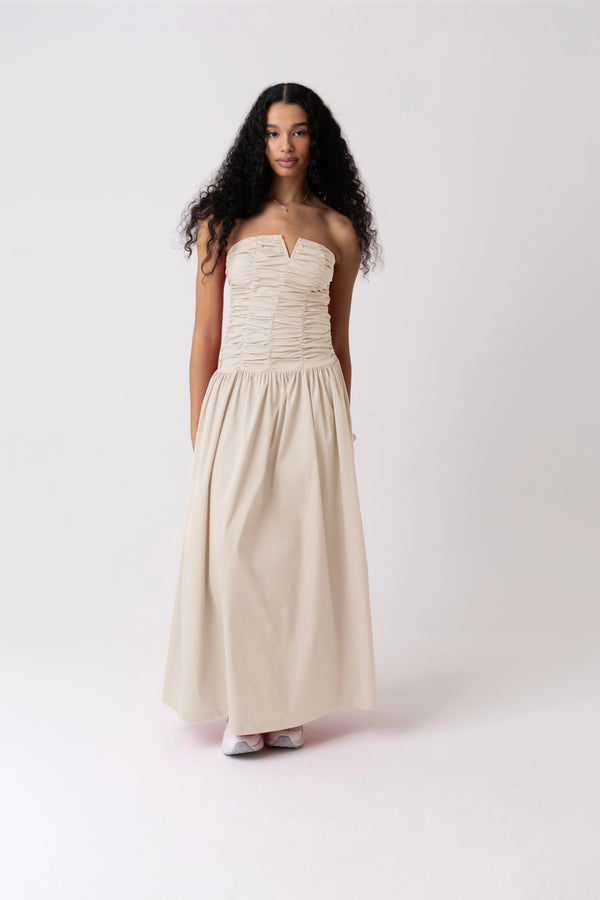 amy lynn Shyla Pure Cotton Milk Ruched Column Bardot Maxi Dress