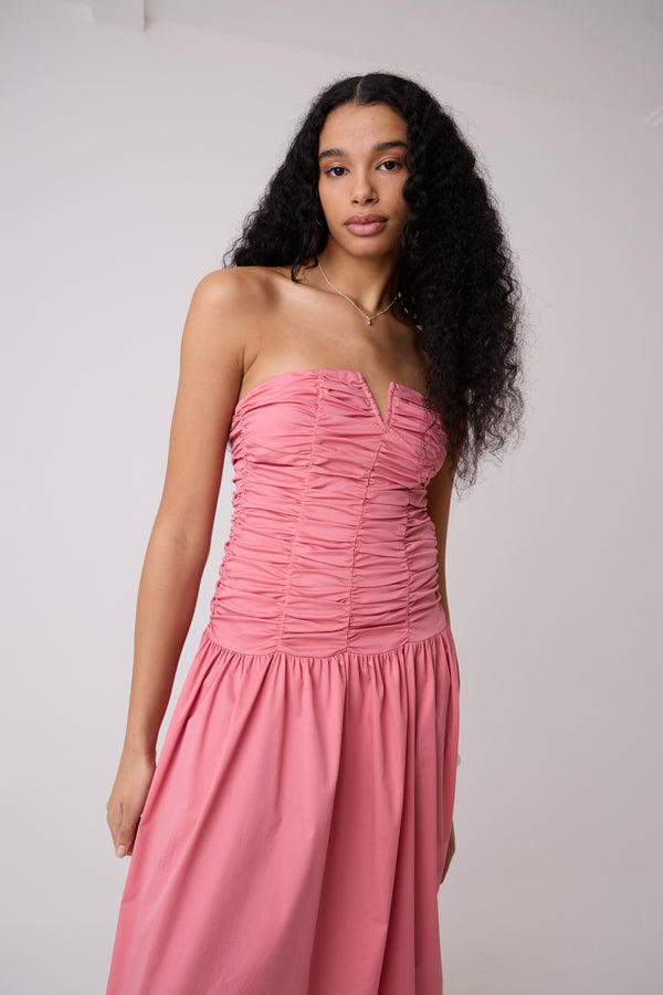 Amy Lynn Shyla Pure Cotton Pink Ruched Column Bardot Maxi Dress