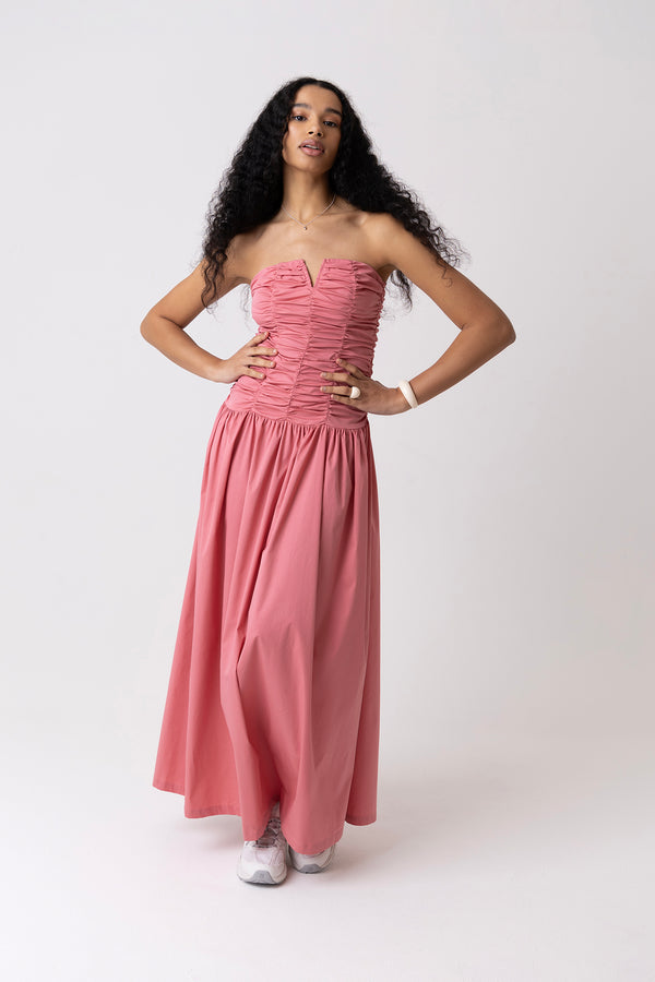 Amy Lynn Shyla Pure Cotton Pink Ruched Column Bardot Maxi Dress
