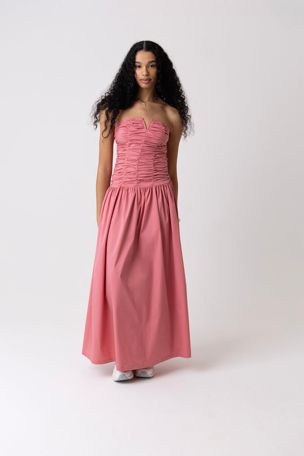 Amy Lynn Shyla Pure Cotton Pink Ruched Column Bardot Maxi Dress