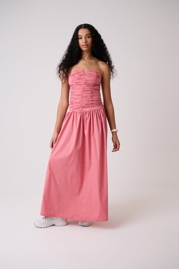 amy lynn Shyla Pure Cotton Pink Ruched Column Bardot Maxi Dress