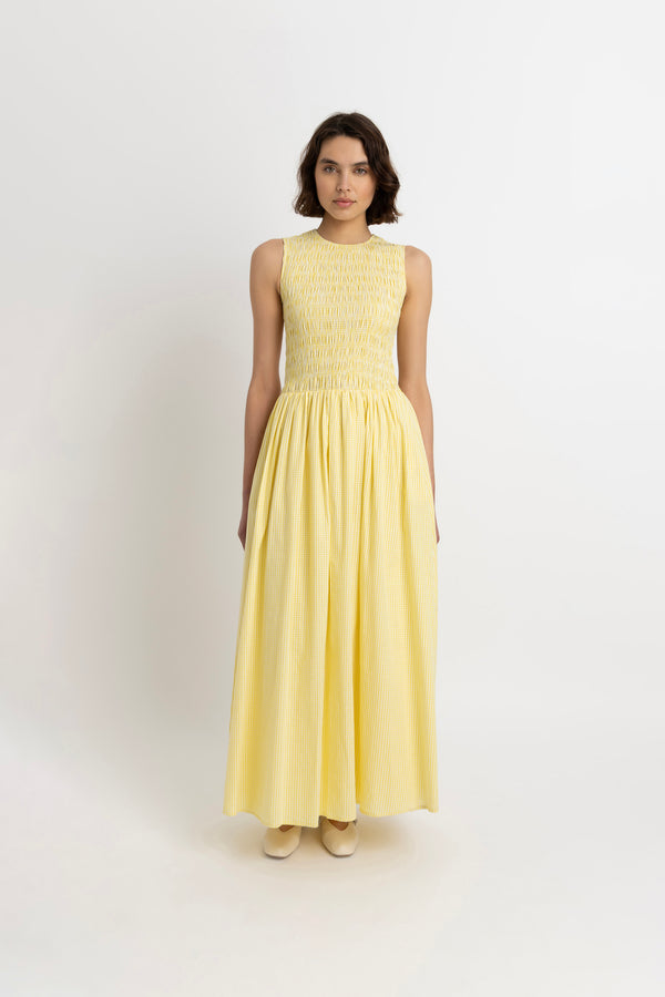 Amy Lynn Summer Pure Cotton Yellow Gingham Drop-waist Maxi Dress