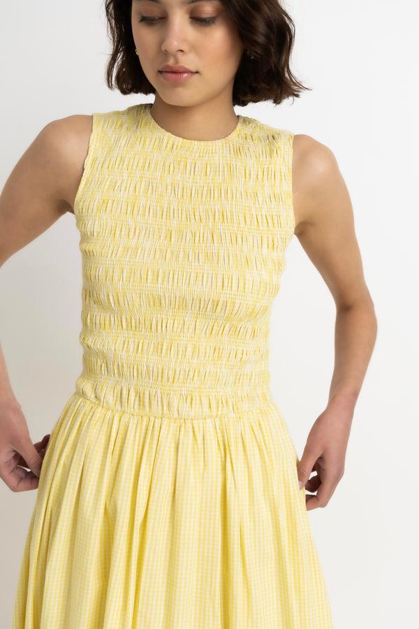 Amy Lynn Summer Pure Cotton Yellow Gingham Drop-waist Maxi Dress